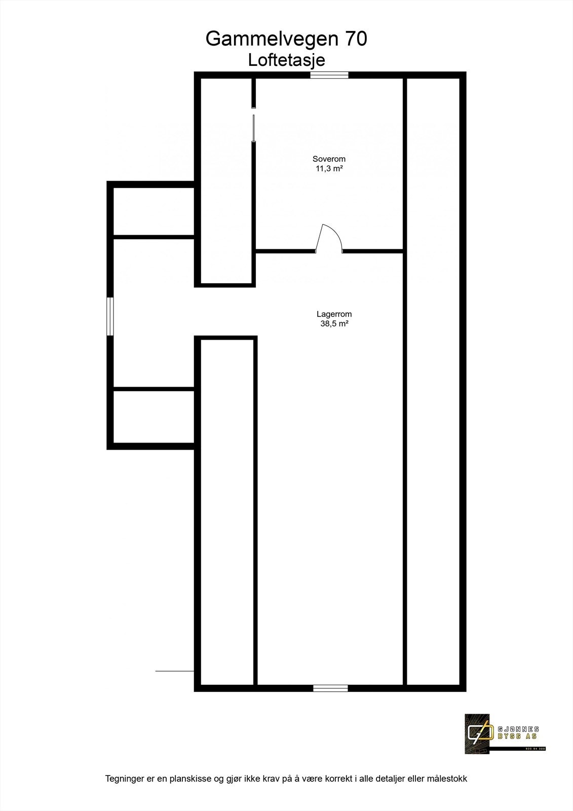 Plantegning loftsetasje. Loftsetasjen er klargjort for innredning, men det er ikke installert trapp. Eventuell innredning av loftsetasje må søkes Skaun kommune. Galleribilde
