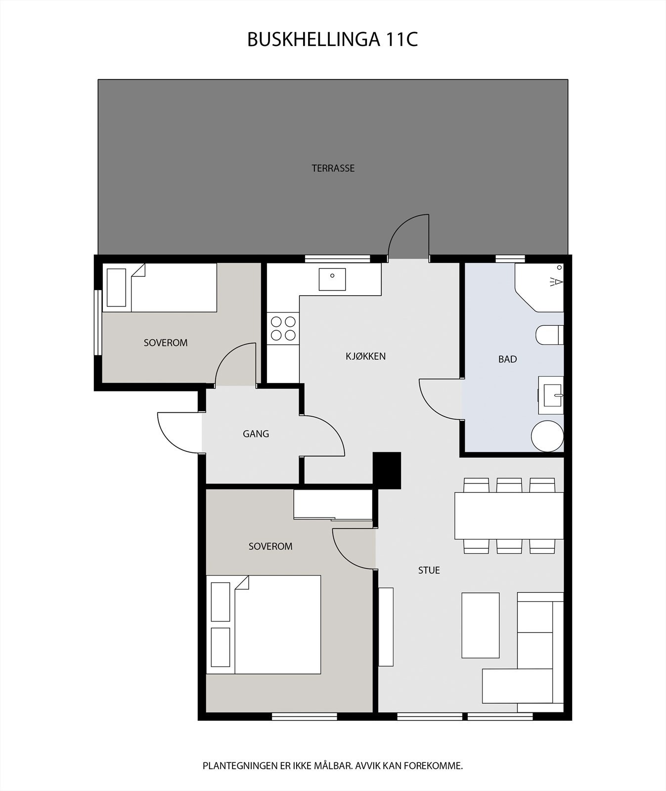 Planløsningen på 54 m² er arealeffektiv med to soverom, åpen stue/kjøkken-løsning og egen inngang. Galleribilde