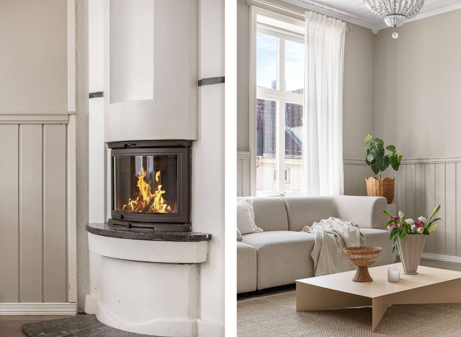 Peisen gir godt med varme på kalde dager og skaper en lun stemning til leiligheten. Galleribilde