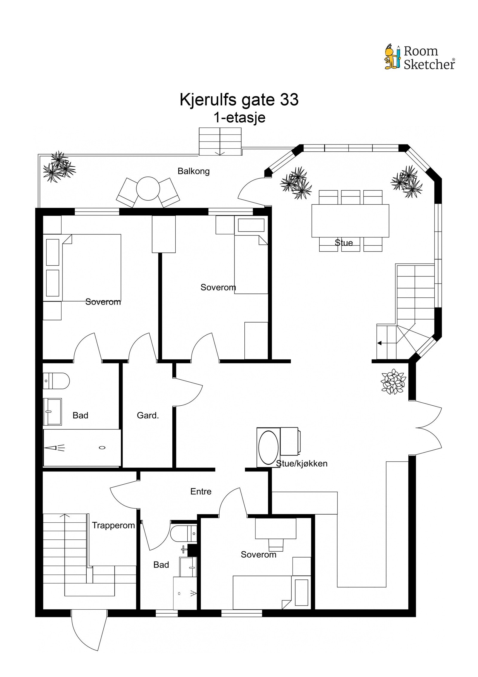 Plantegning 1. Etasje med tre soverom, stue, spisestue, kjøkken, to bad og gang. Galleribilde