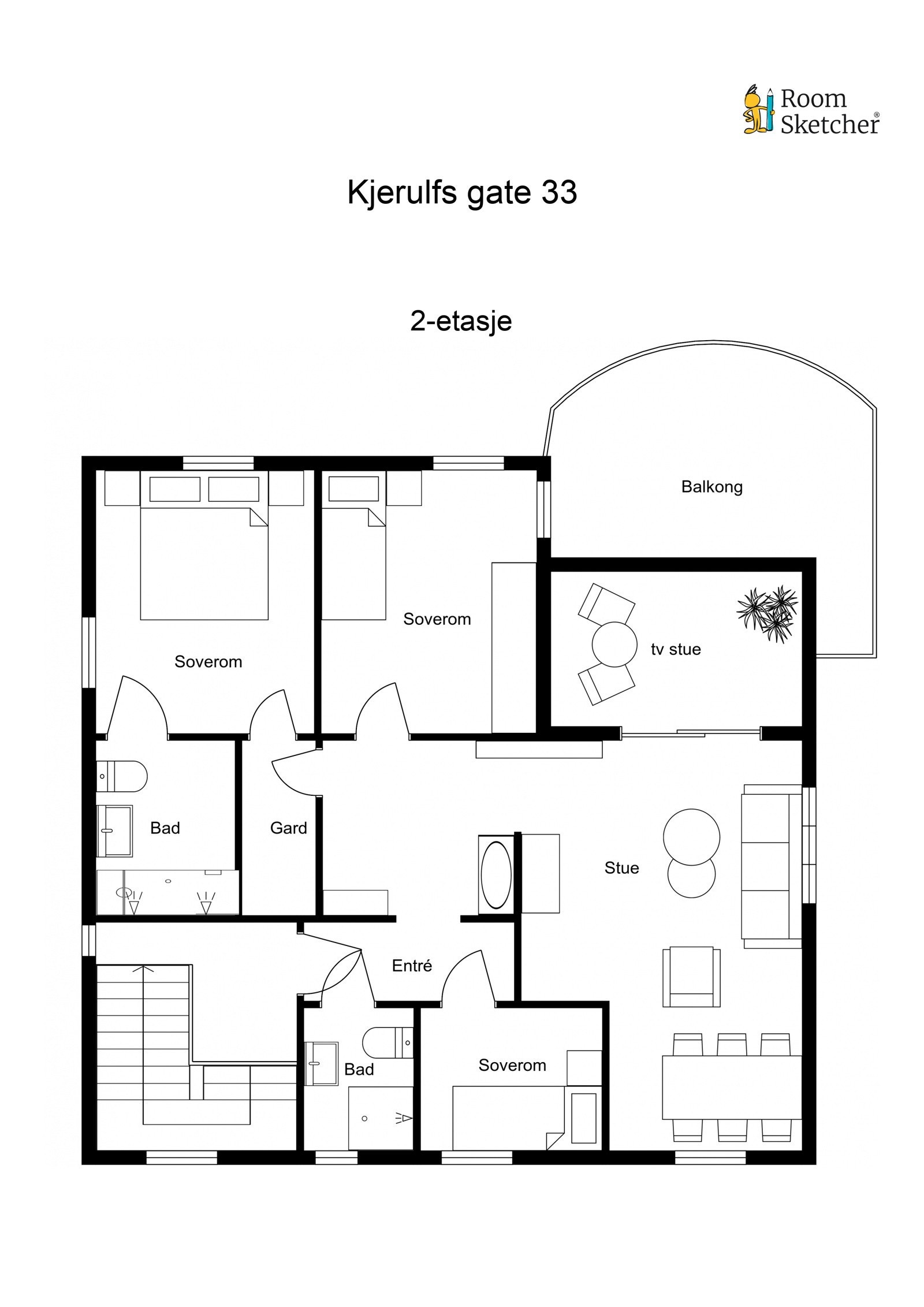Plantegning 2. Etasje med tre soverom, to bad, stue og gang. Galleribilde