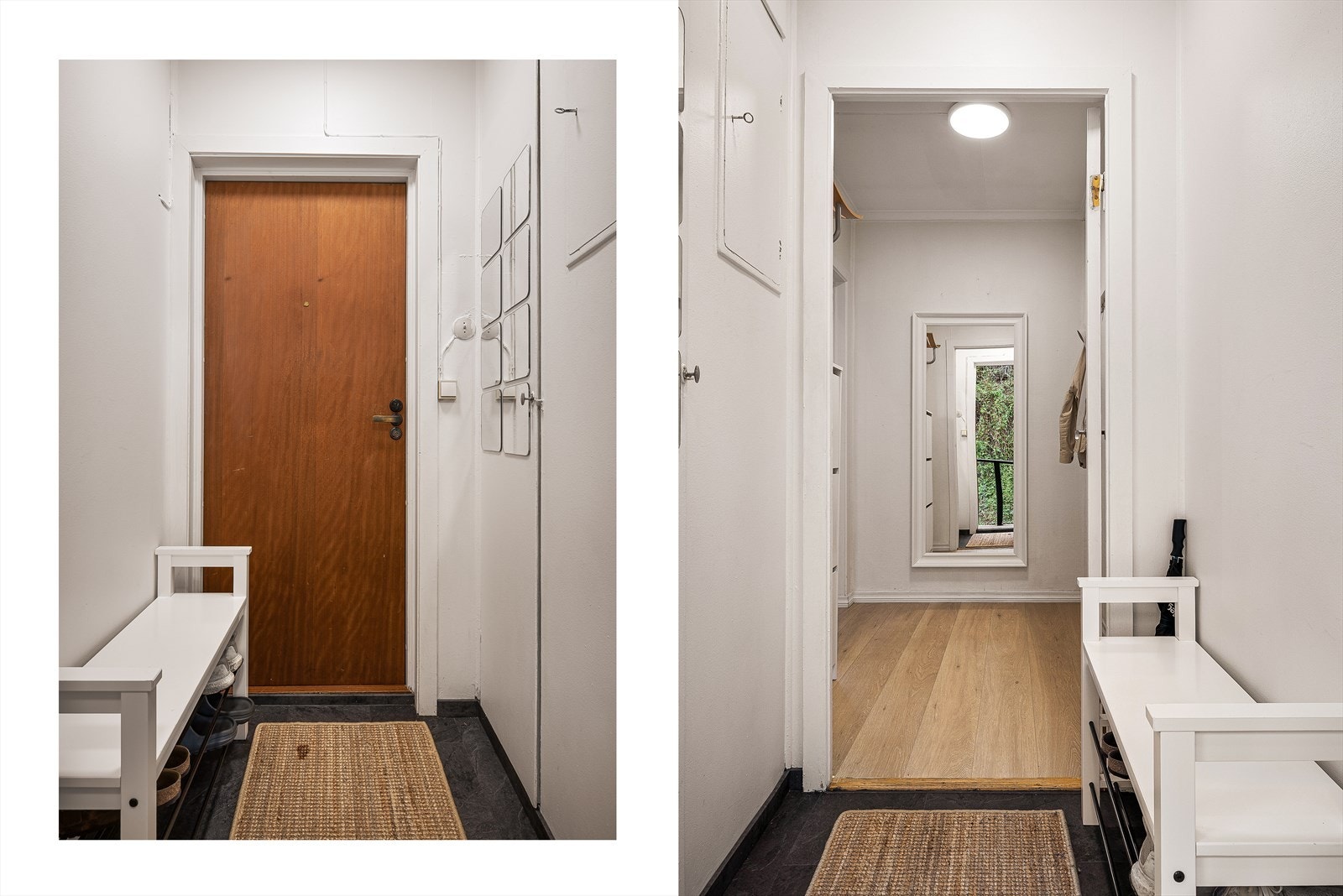 Entrè med flislaminat på gulv, malt platekledning på vegger og i himling. Galleribilde