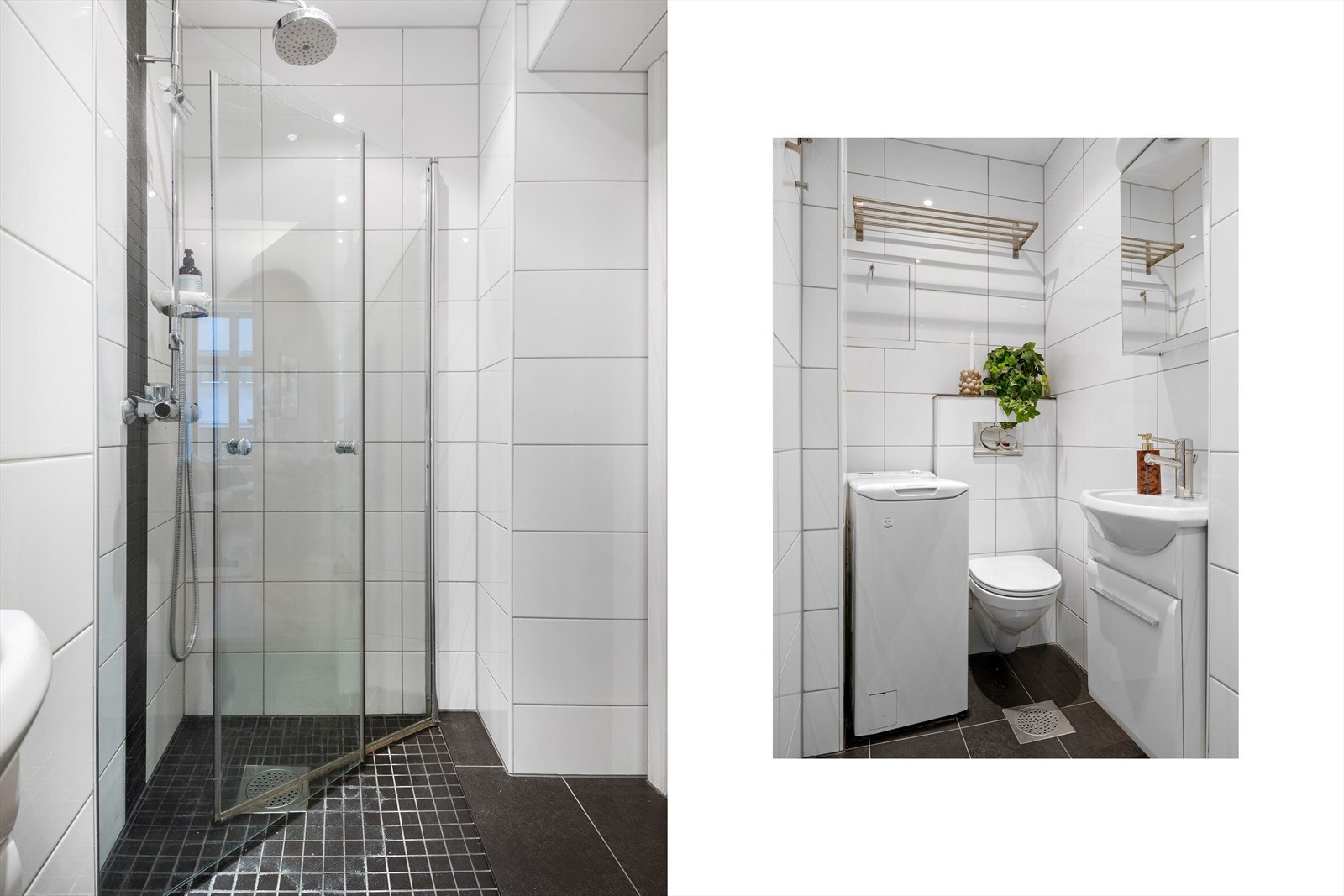 Flielagt bad med servantinnredning, dusjhjørne og opplegg for vaskemaskin. Galleribilde