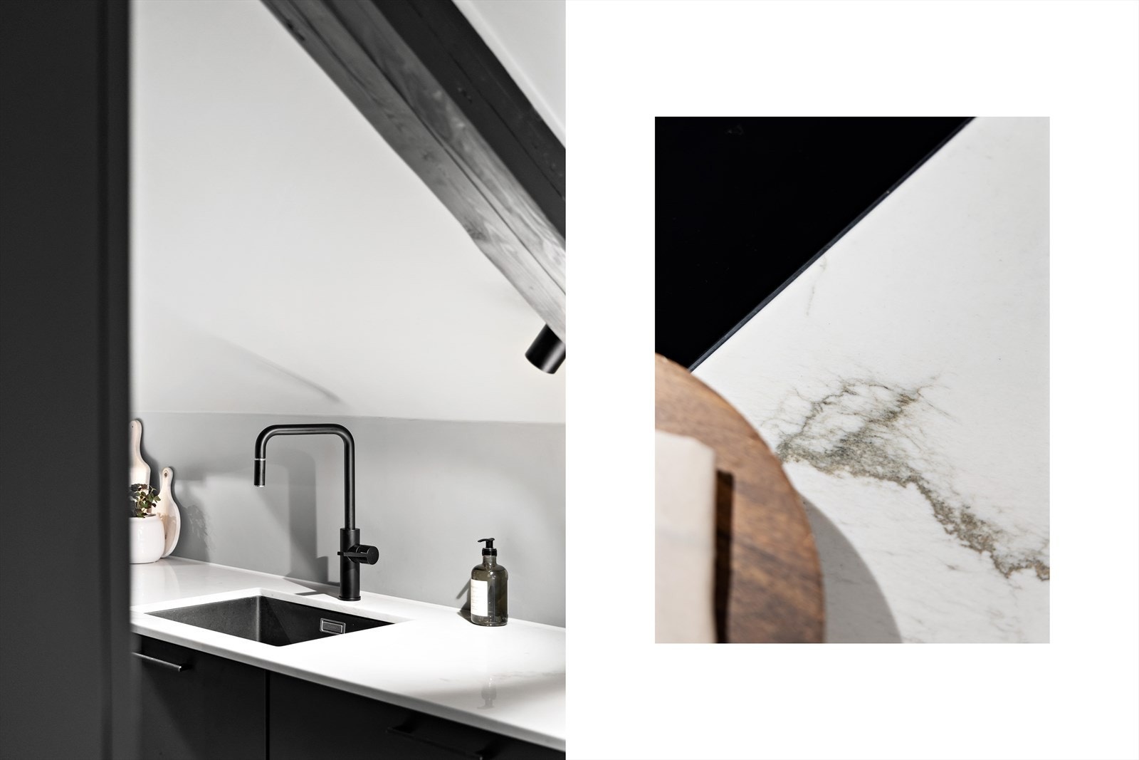 Lekre detaljer som solid kompositt benkeplate med underlimt kum. Galleribilde