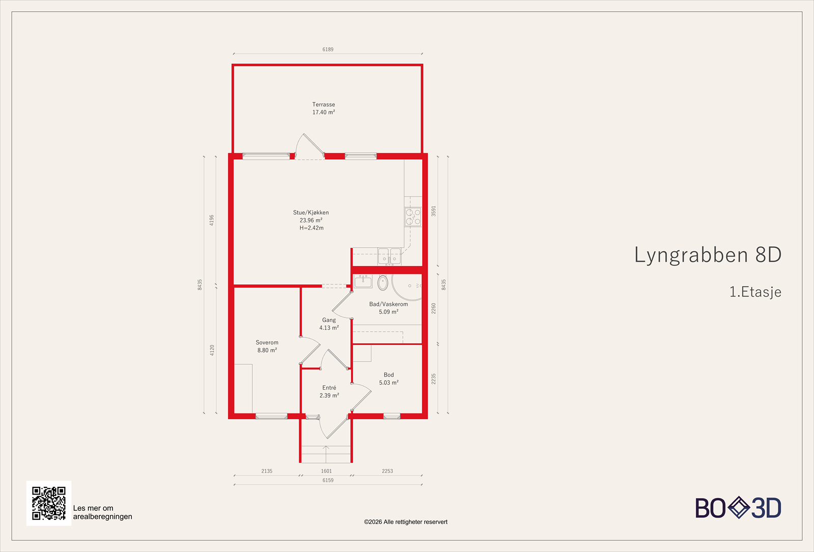 Stue/kjøkken har en effektiv arealutnyttelse med 23,5 m² bruksareal. Galleribilde