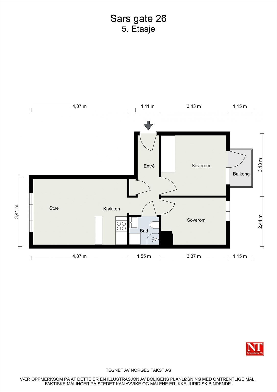 Vi starter med plantegningen så du får orientert deg i boligen. Leiligheten inneholder:
Entré, stue/kjøkken, bad og to soverom. Galleribilde