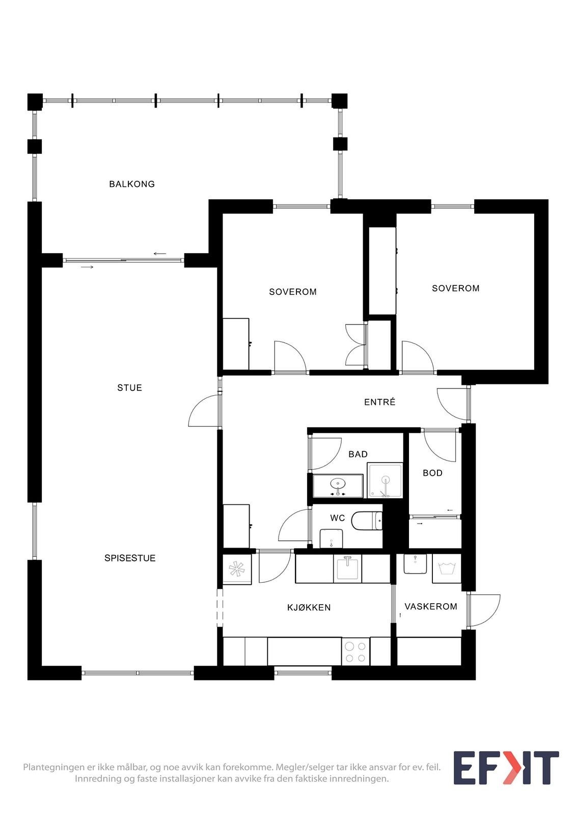 Leiligheten har en praktisk planløsning på 82 m² BRA-i, med to soverom, separat bad og toalett, samt eget vaskerom. Galleribilde