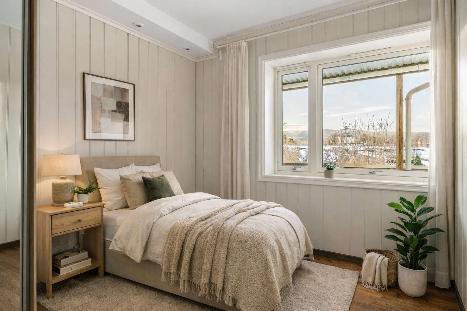 Soverom (Bildet er digitalt stylet med seng, møbler, dekor og filter ved hjelp av AI) Galleribilde