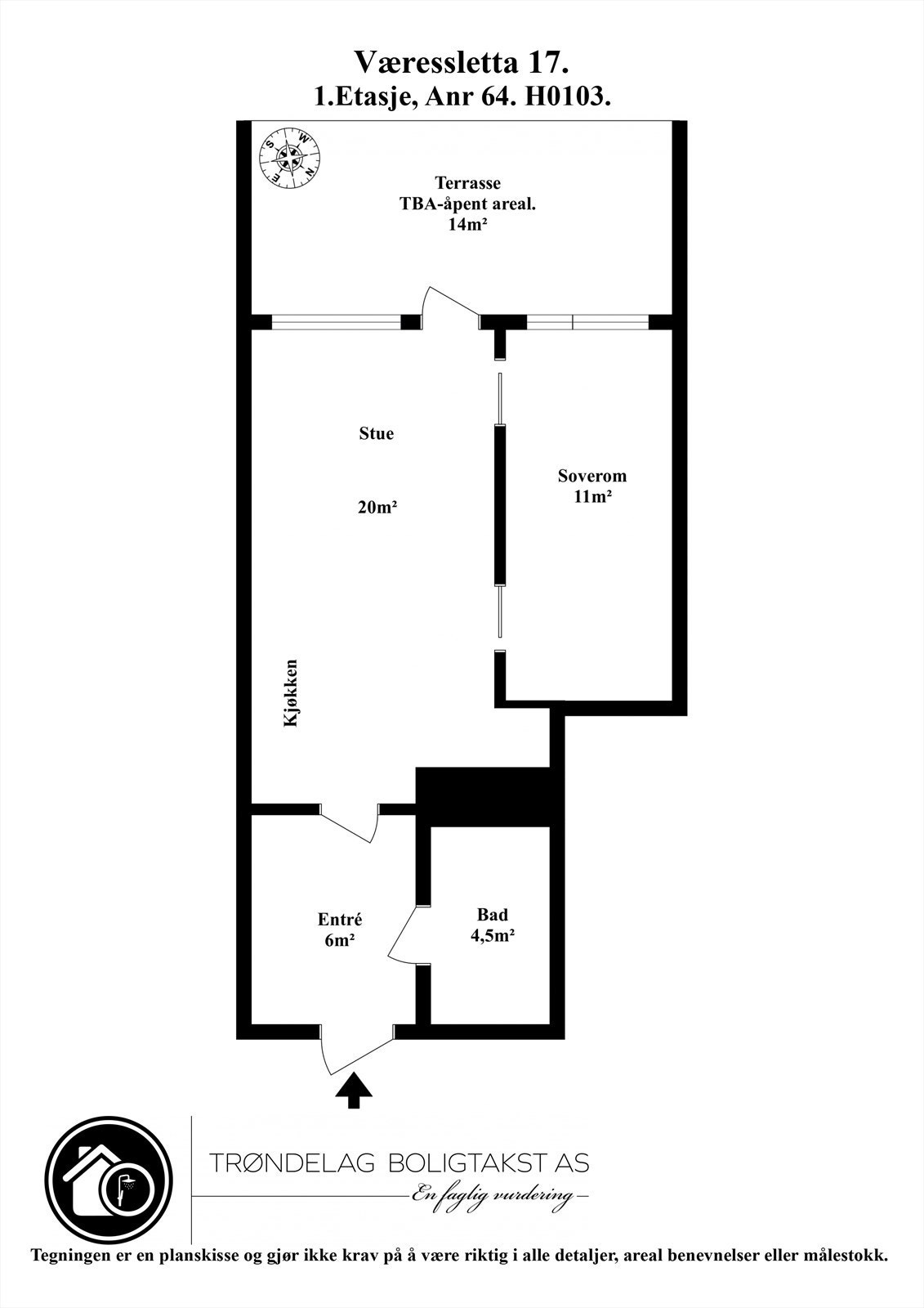 Leiligheten har en effektiv planløsning på 44 m² som fordeler seg over entré, bad, soverom og en åpen stue- og kjøkkenløsning. Galleribilde
