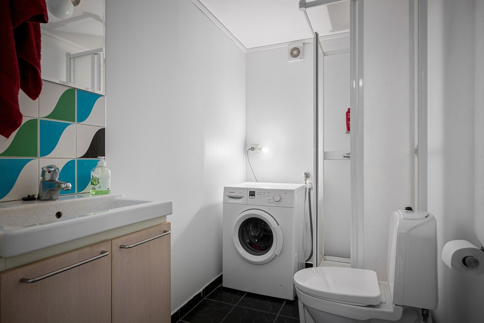 Bad/vaskerom i underetasjen med dusjkabinett, toalett, servant og opplegg for vaskemaskin. Galleribilde