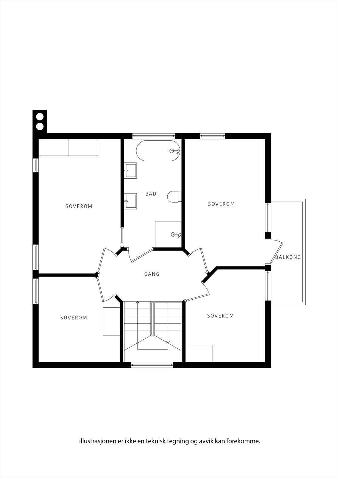 Andre etasje er en privat sone med tre soverom, et arbeidsrom og et stort bad. Et soverom er på tegning med dør er på kommunal tegning ikke kalt soverom. Galleribilde