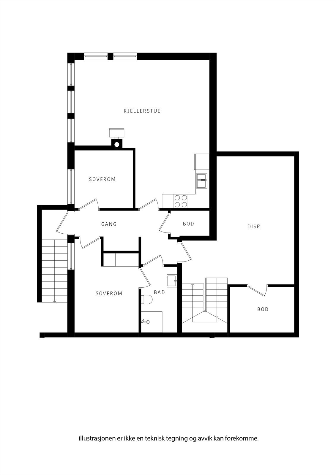 Underetasjen er innredet med bl.a. stue/kjøkken, bad og to soverom. Utleiemulighet er ikke godkjent som egen boenhet. Galleribilde