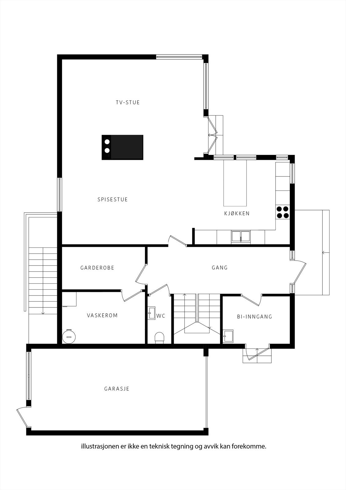 Første etasje har en sosial planløsning med åpen stue og kjøkken, vaskerom, toalettrom og direkte adkomst til garasje. Galleribilde