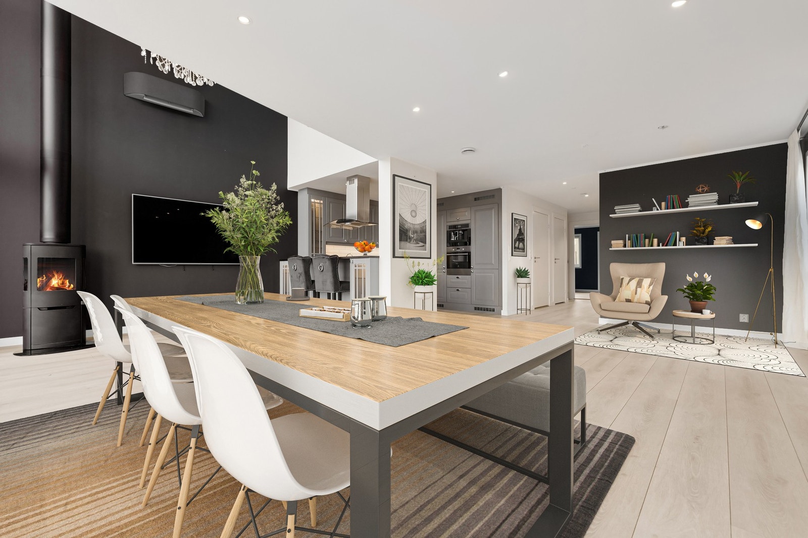 (Bilde generert av AI) Sosial sone med god plass til både spisegruppe og sofakrok. Galleribilde