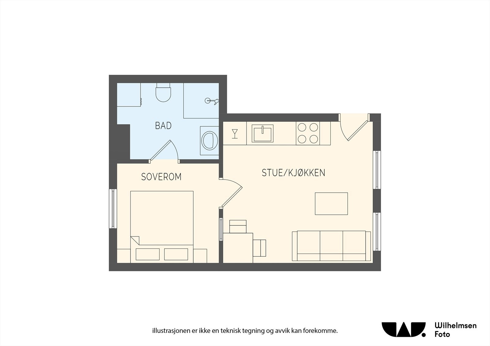 Planskisse. Leiligheten har tilhørende ekstern bod like over gangen. Galleribilde