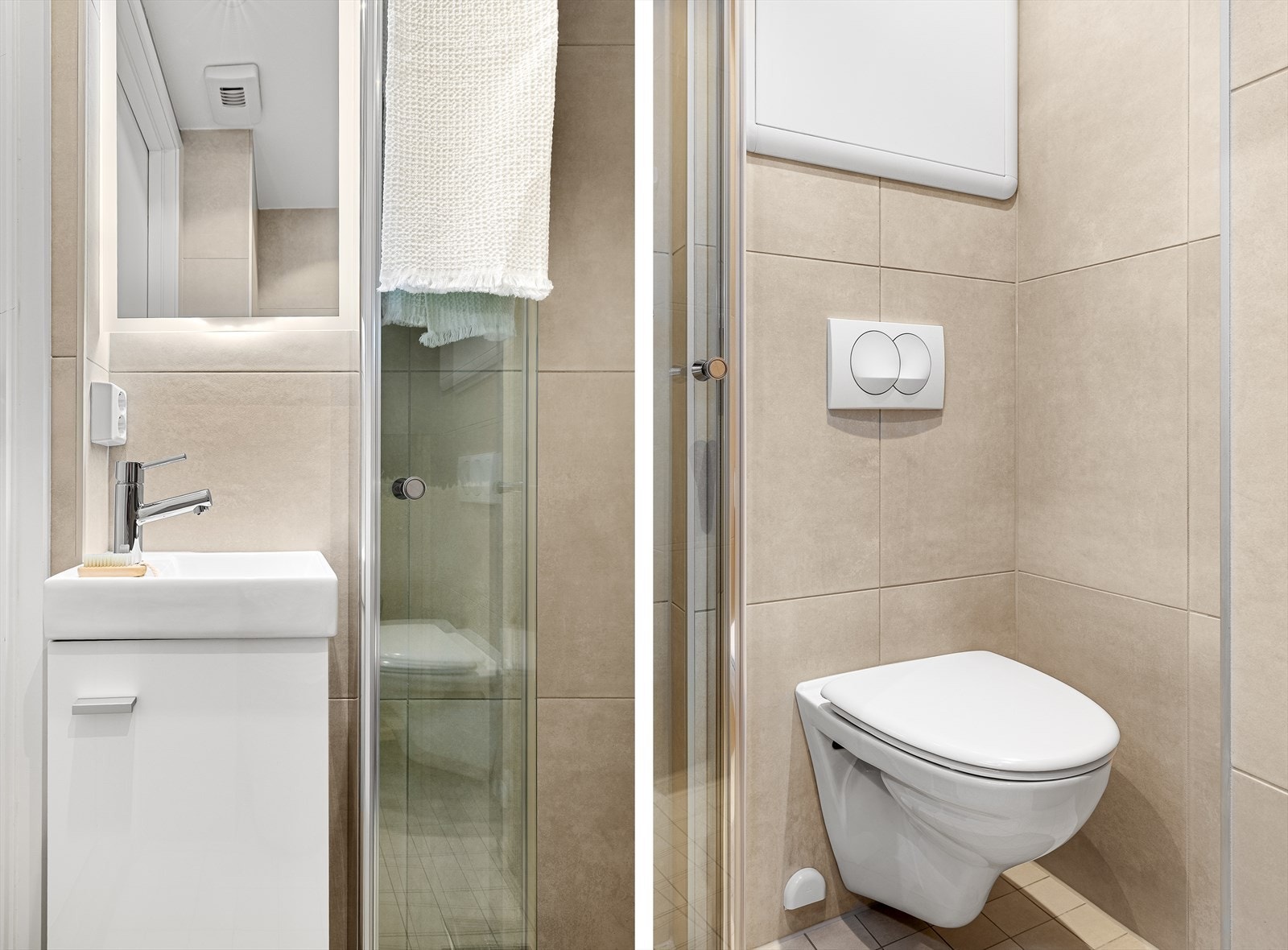 Bad er innredet med vegghengt toalett, servant i møbel, speil, dusj med himmeldusj og innfellbare dusjdører. Downlights i himling. Galleribilde