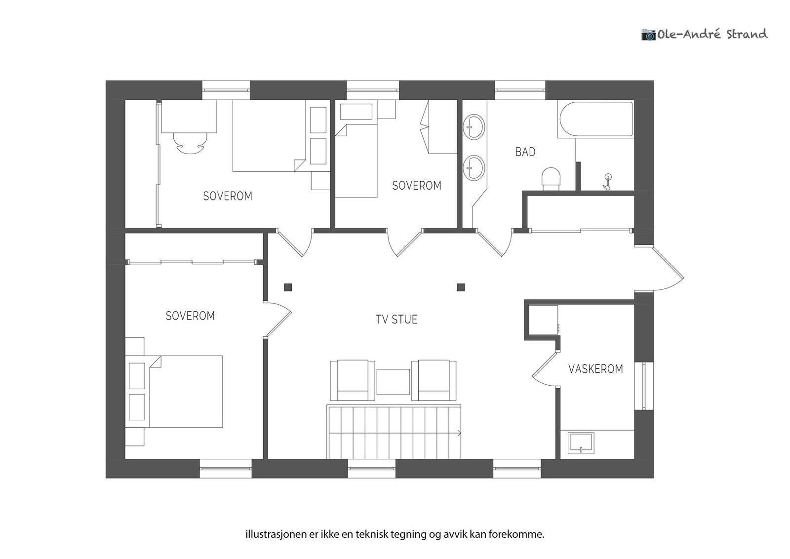 Innhold 1.etasje | Entre (4,4 m²), tv-stue/trapperom (25,7
m²), bad (8,4 m²), vaskerom (5,4 m²), soverom (14,2 m²), soverom 2 (11,3 m²) og soverom 3 (6,7 m²). I tillegg utvendig bod på 8,2 m²). Galleribilde