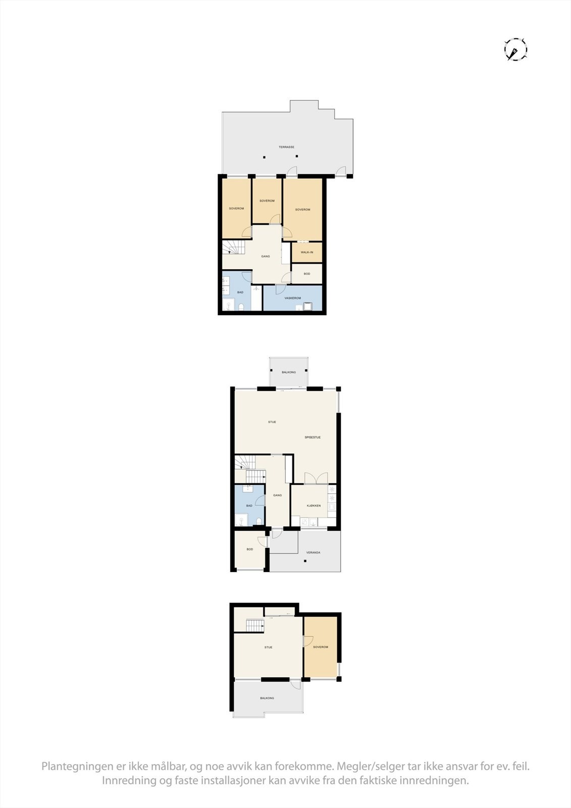 Plantegningen viser en bolig over tre plan med et samlet bruksareal på 156 m², inkludert fire soverom og to stuer. Galleribilde