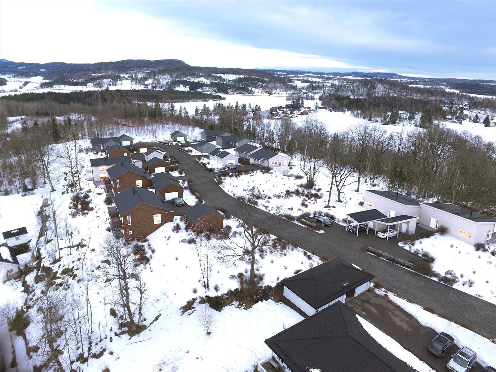 Krakken Ilustrasjon med hus vinter. Galleribilde