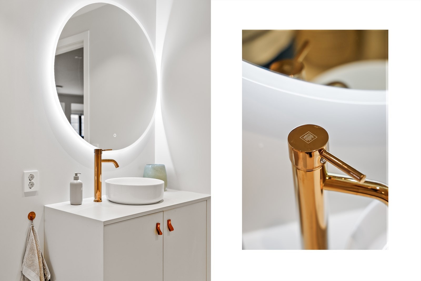 Badet er utstyrt med et lekkert speil med integrert belysning. Speilet bidrar både til et stilrent uttrykk og en praktisk løsning i hverdagen. Sammen med en moderne og elegant kran skapes et helhetlig og gjennomført uttrykk ved servantområdet. Galleribilde