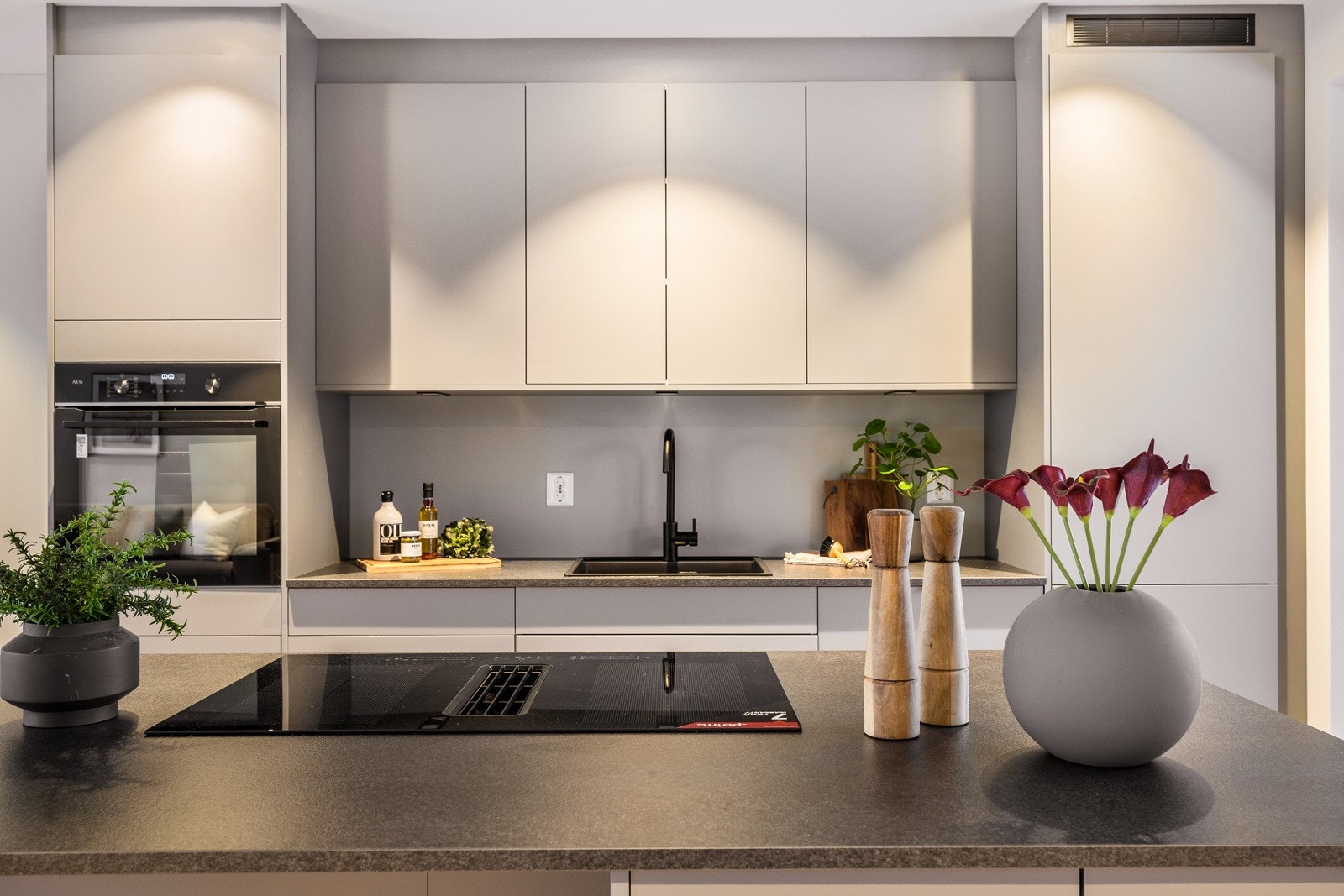 - Hvitevarer fra AEG bestående av SteamBake-damputnyttende ovn i høyskap, induksjonstopp med nedfelt ventilator, kombiskap og oppvaskemaskin - Galleribilde