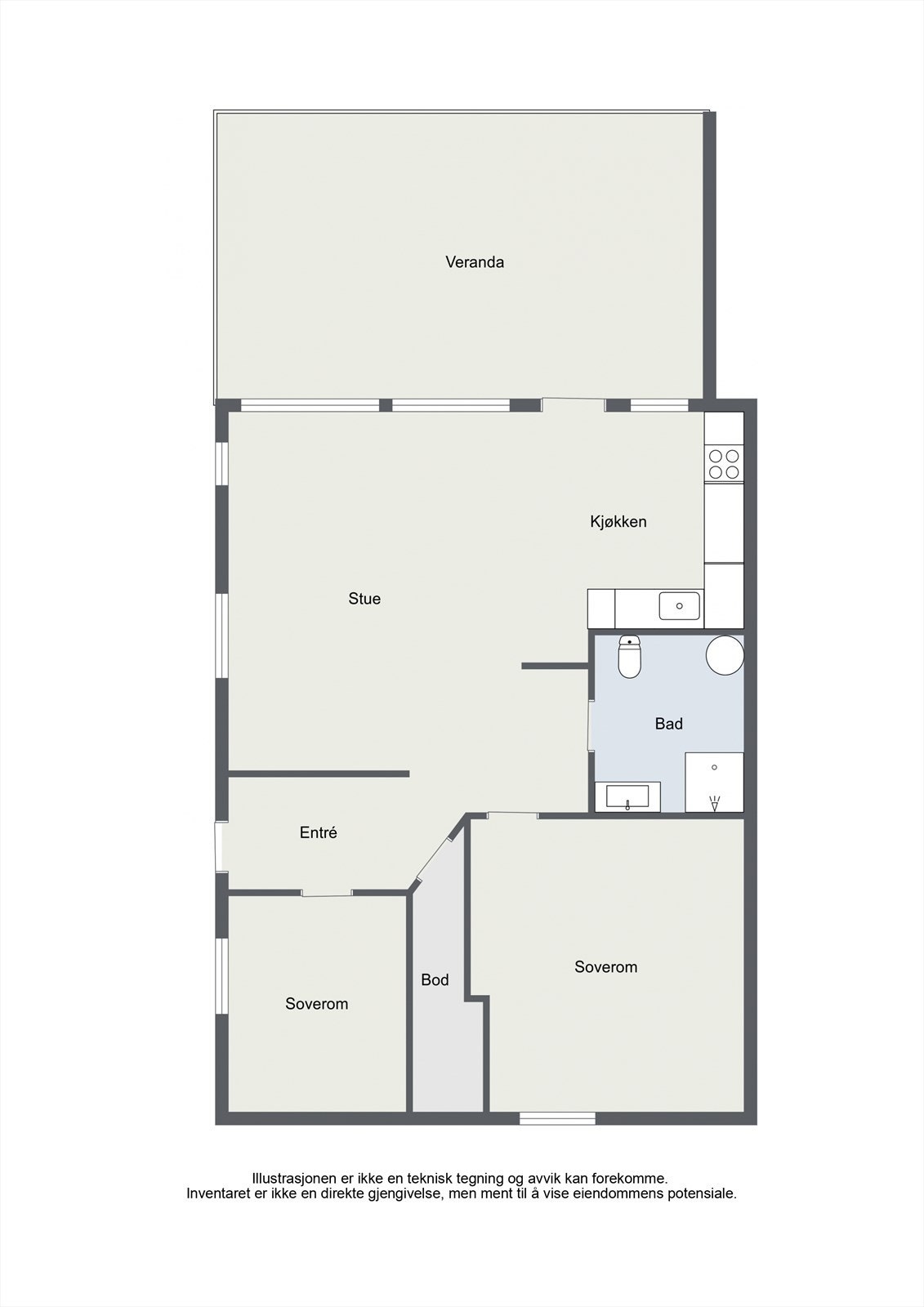 Leiligheten har en smart planløsning på 64 m² som inkluderer to soverom, bad og en praktisk innvendig bod. Galleribilde