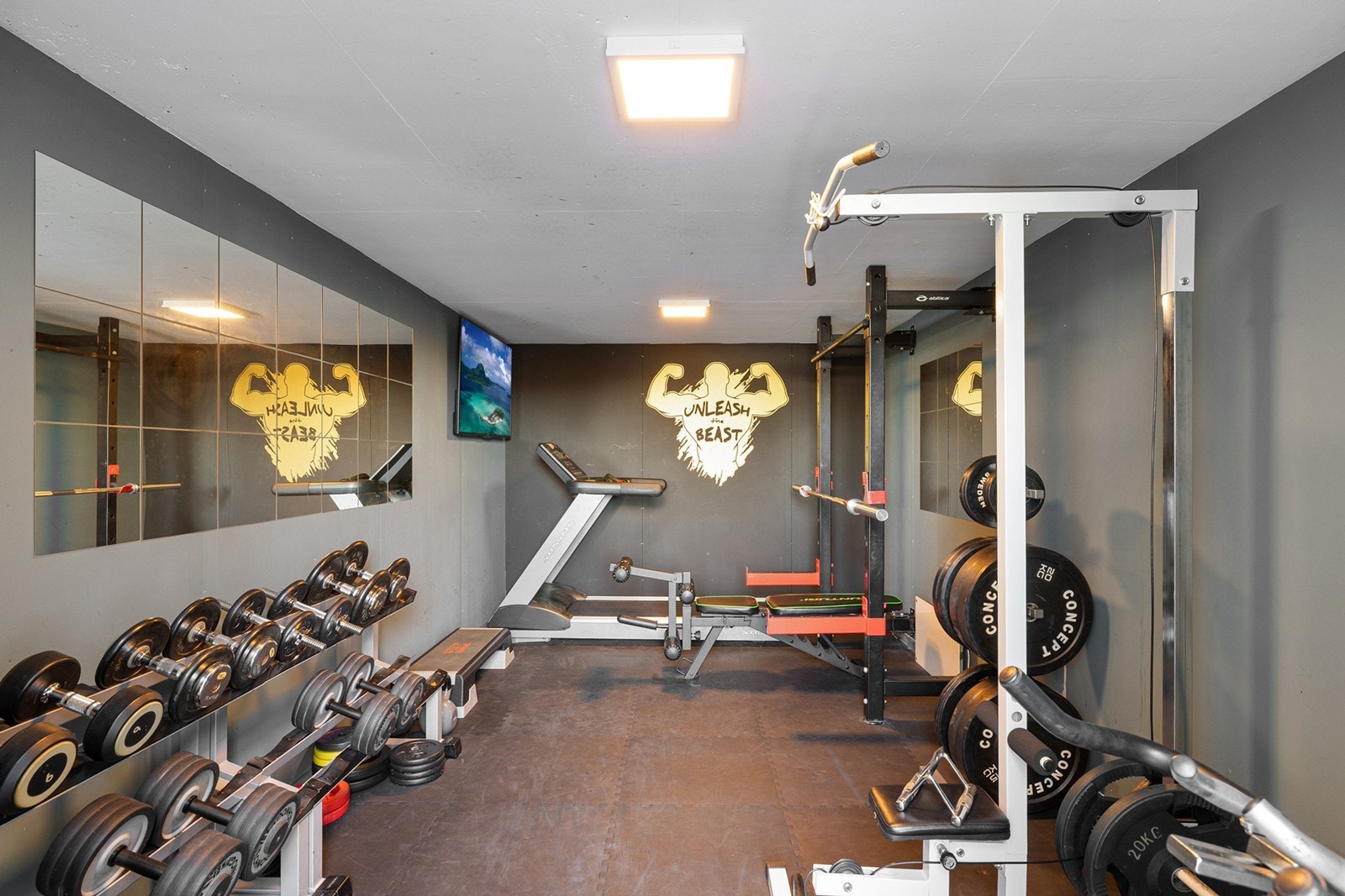 Eget trimstudio (bygget i utebod) med god plass til treningsutstyr og treningsaktiviteter. Store speilflater på vegg bidrar til en romslig følelse og gir gode treningsforhold. Galleribilde