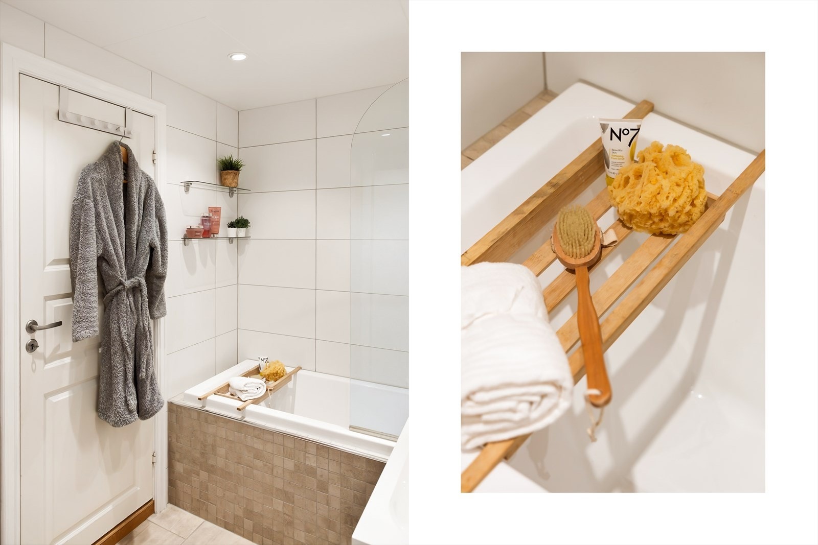 Badet er innredet med heldekkende servant, speilskap med belysning, veggskap, vegghengt toalett og badekar med innfellbar dør i herdet glass - Galleribilde