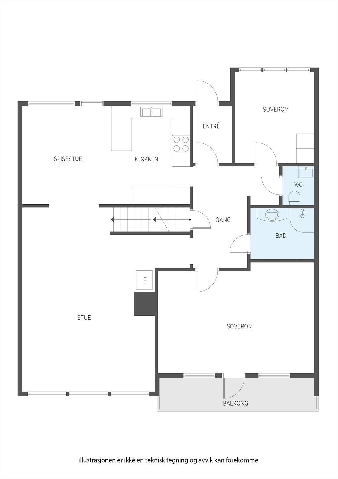 Hovedetasjen har en praktisk planløsning som omfatter stue, kjøkken, to soverom, bad og et separat toalettrom. Galleribilde