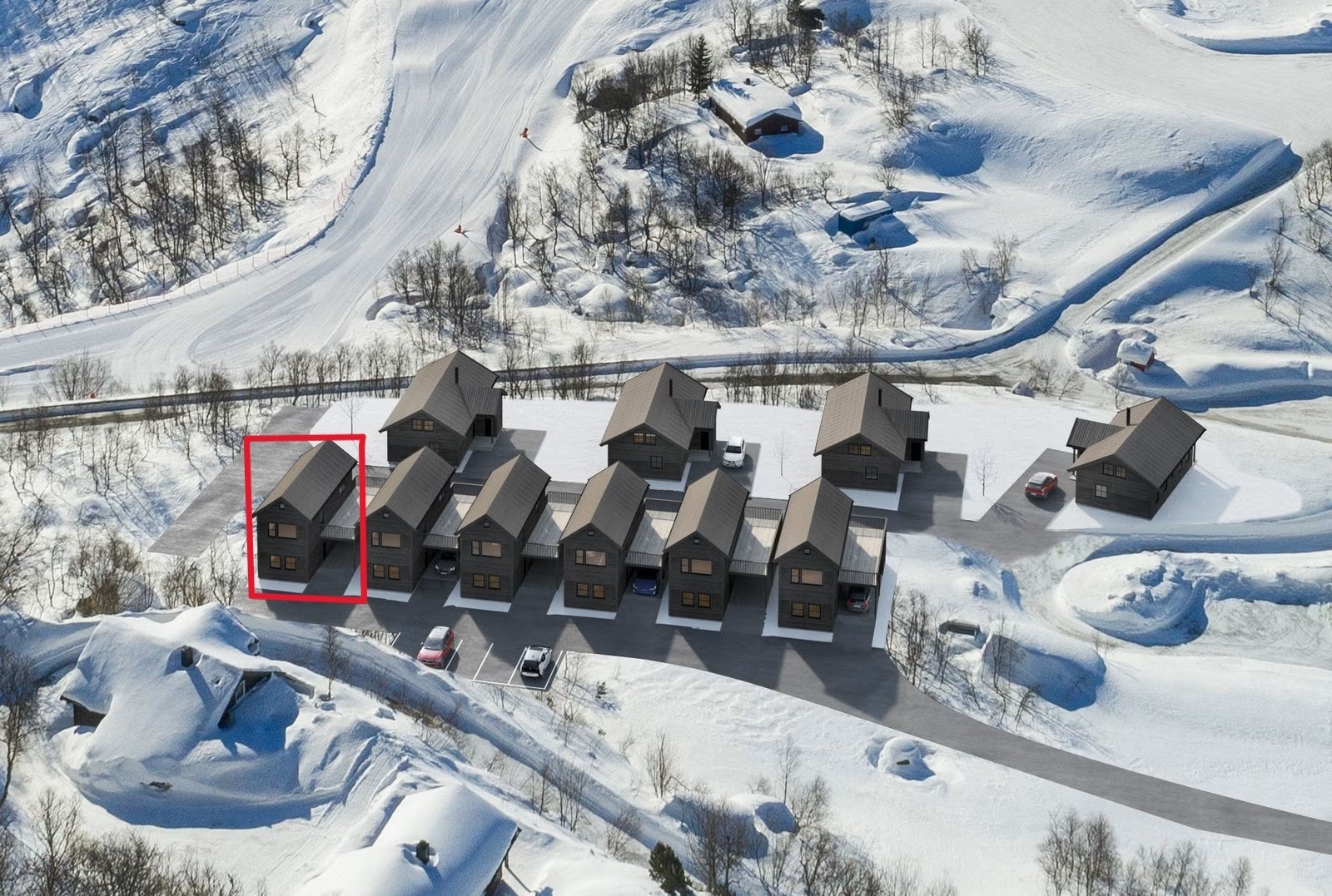 Ferdigstilt hytte markert med rødt Galleribilde