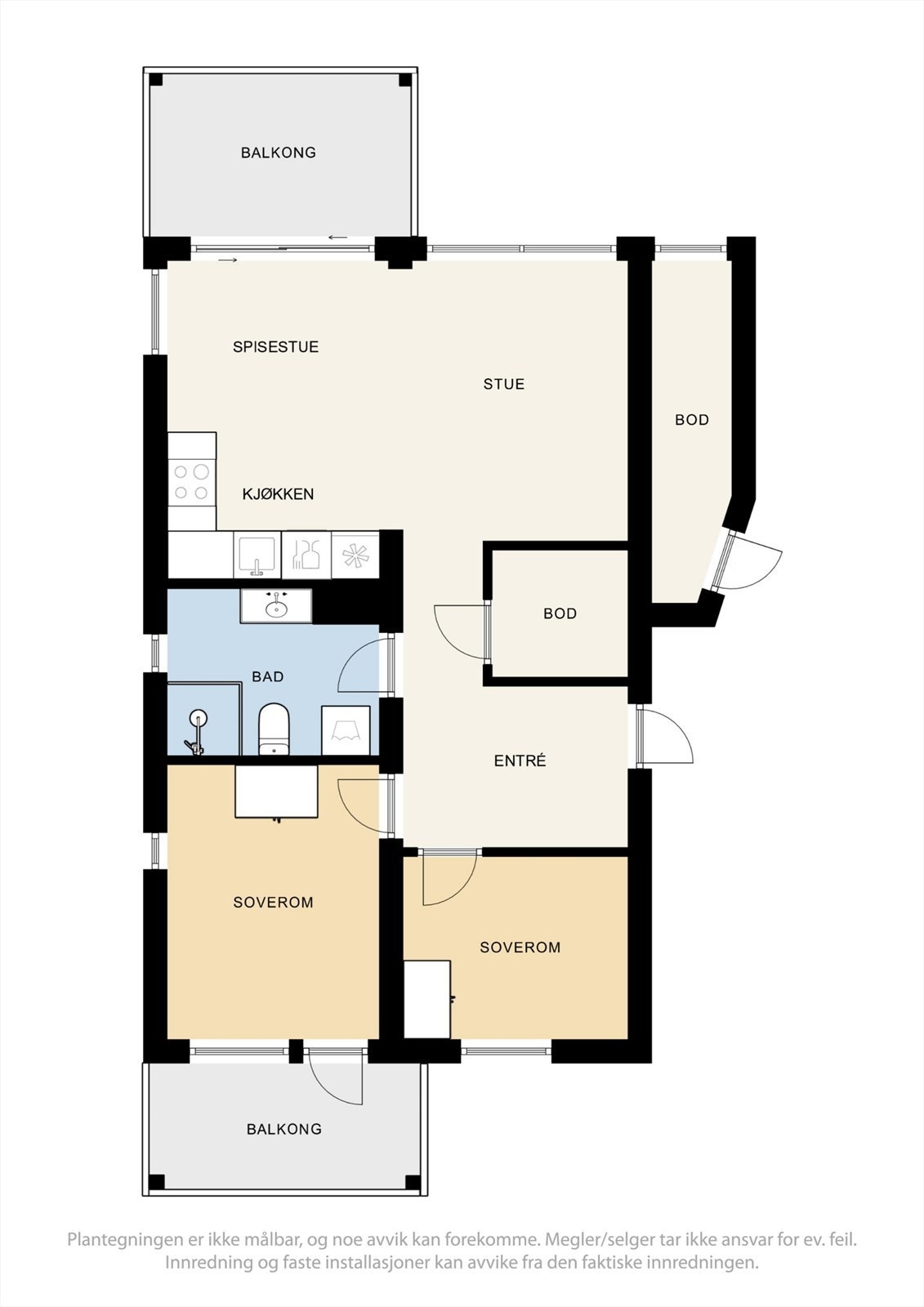 Planløsningen på 55 m² fordeler seg over entré, to soverom, bad, bod og stue/kjøkken. Galleribilde