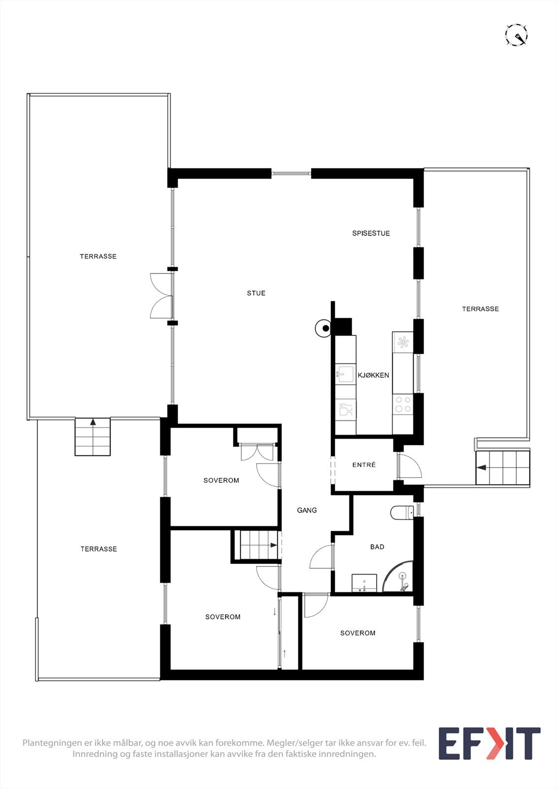 Hovedetasjen har en arealeffektiv planløsning med tre soverom, bad og en åpen stue- og kjøkkenløsning. Galleribilde