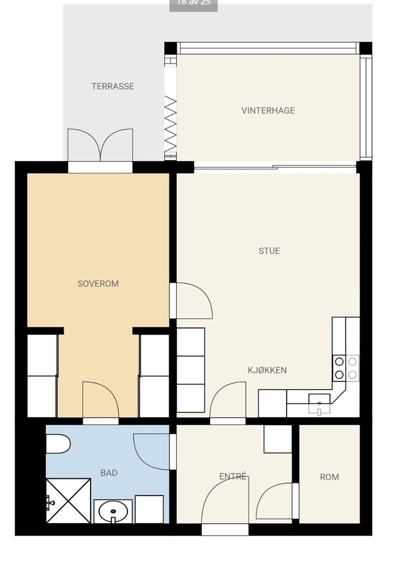 Leiligheten har en arealeffektiv planløsning på 49 m² med åpen stue/kjøkken, romslig soverom og god lagringsplass. Galleribilde