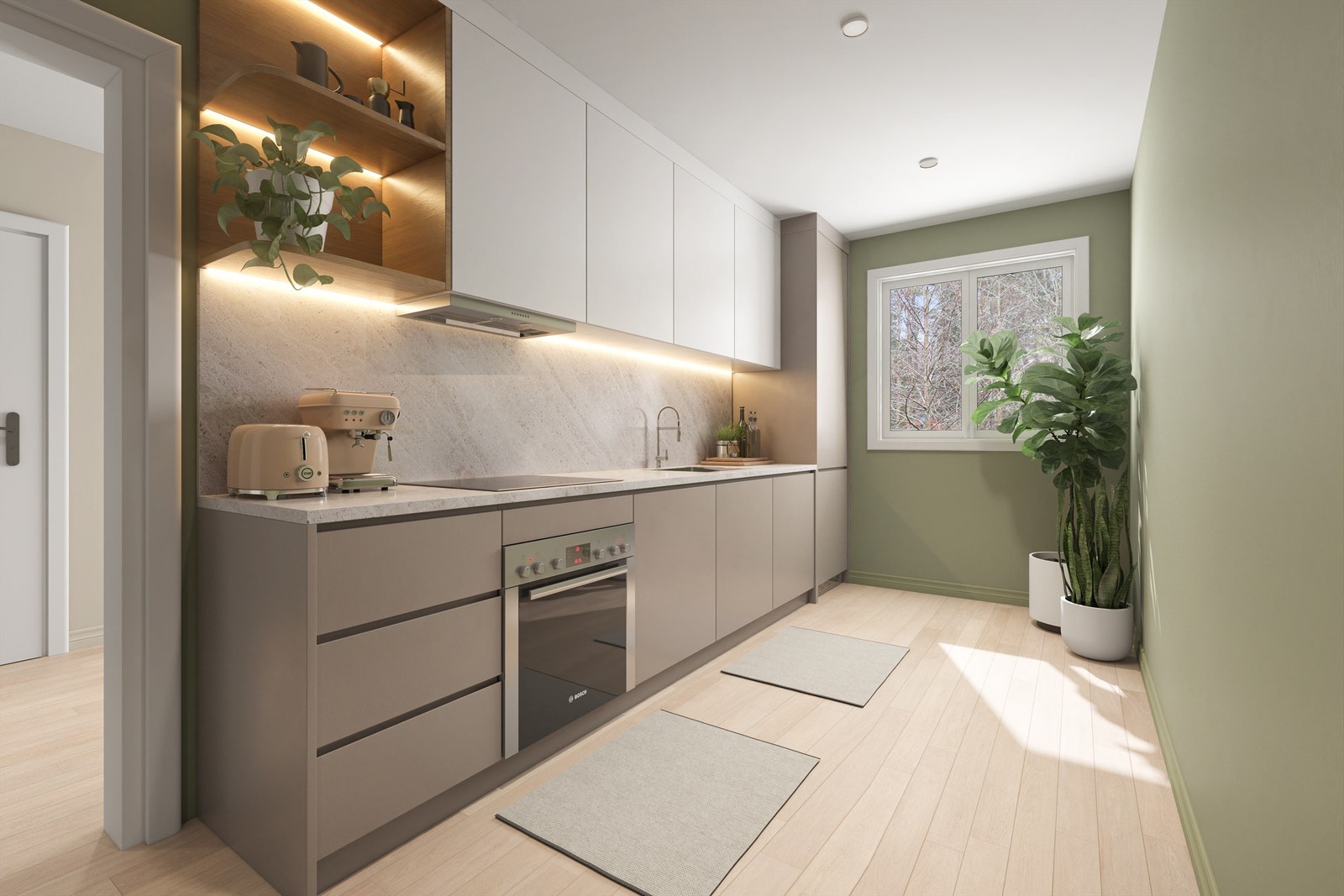 Kjøkken med illustrert innredning - gir en idé om potensialet. Galleribilde