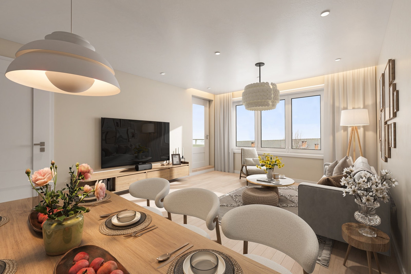 Lys og romslig stue - her vist med virtuell styling for inspirasjon. Galleribilde