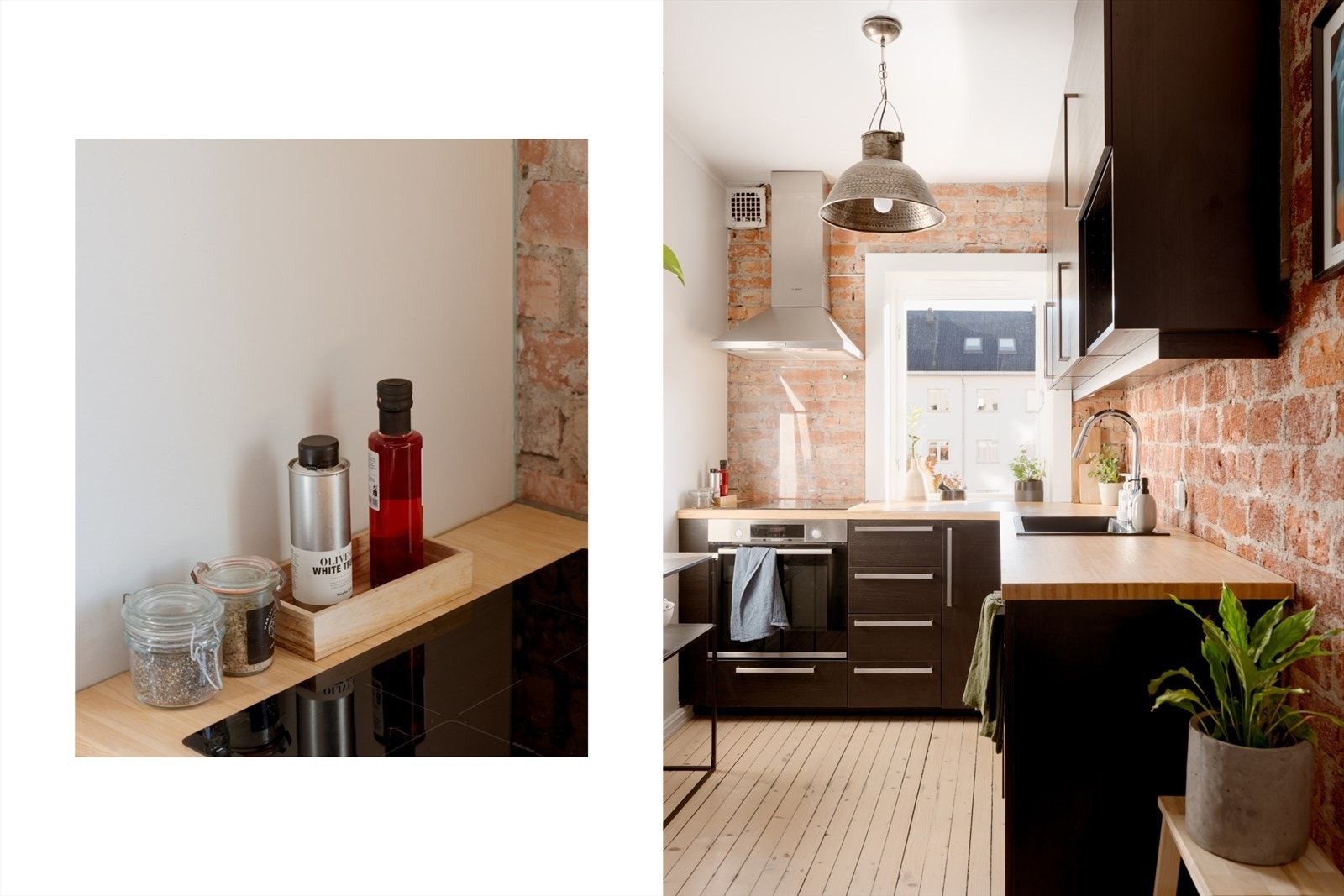 Kjøkkenets størrelse gir rom for flere matglade kokker. Kombinasjonen av orginalt tregulv og teglestein setter et særegent og rustikt preg på rommet. Teglesteinen ble pusset og behandlet i 2019. Galleribilde