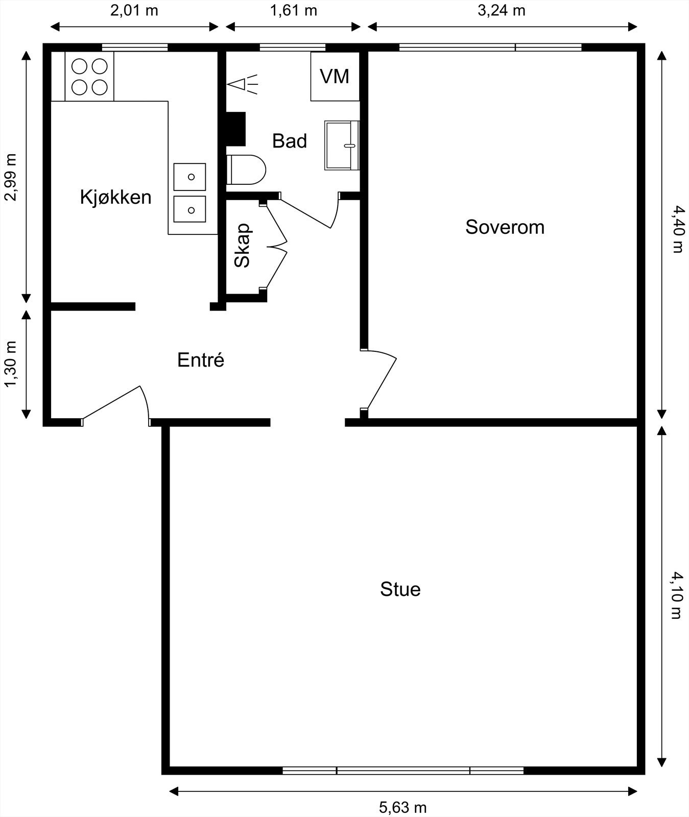 Plantegning. I tillegg disponerer leiligheten en kjellerbod på ca. 5 kvm og en loftsbod på ca. 4 kvm. Galleribilde