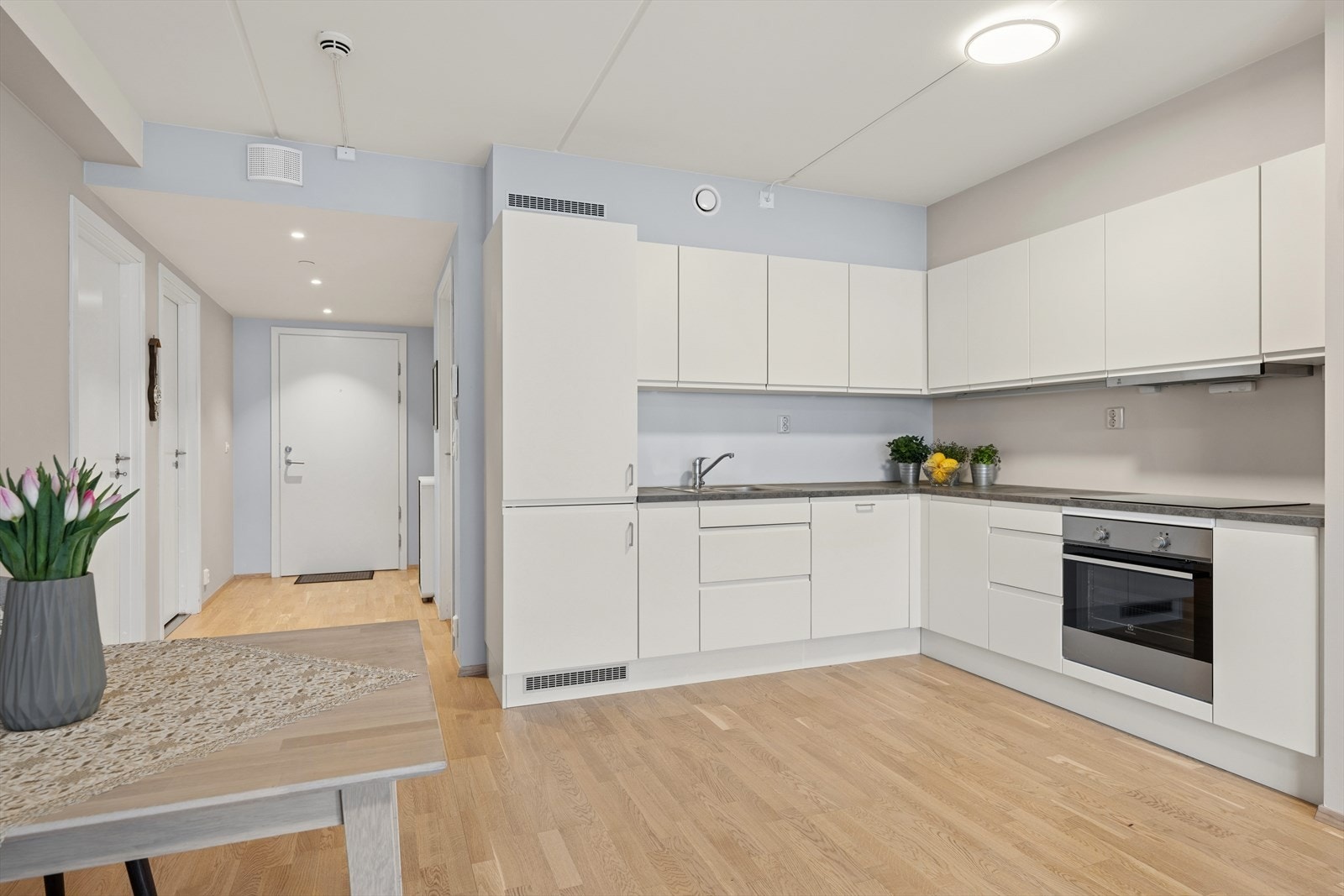 Hvitevarer som stekeovn, platetopp, oppvaskmaskin samt kjøle- og fryseskap er integrert i innredningen. Galleribilde