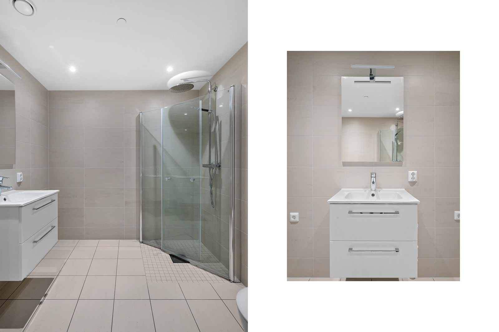 Moderne flislagt bad med downlights i himling, opplegg for vaskemaskin og dusjhjørne med hengslede vegger. Galleribilde