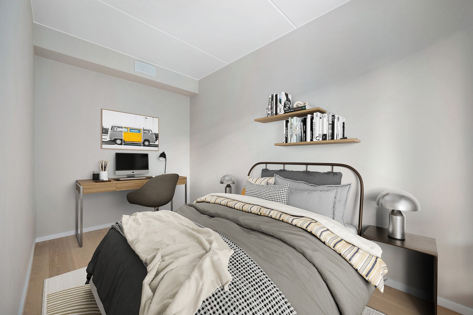 Soverommet er digitalt møblert og illustrerer muligheten for dobbelseng med andre ønskede møblementer samt god plass til garderobeløsning. Galleribilde