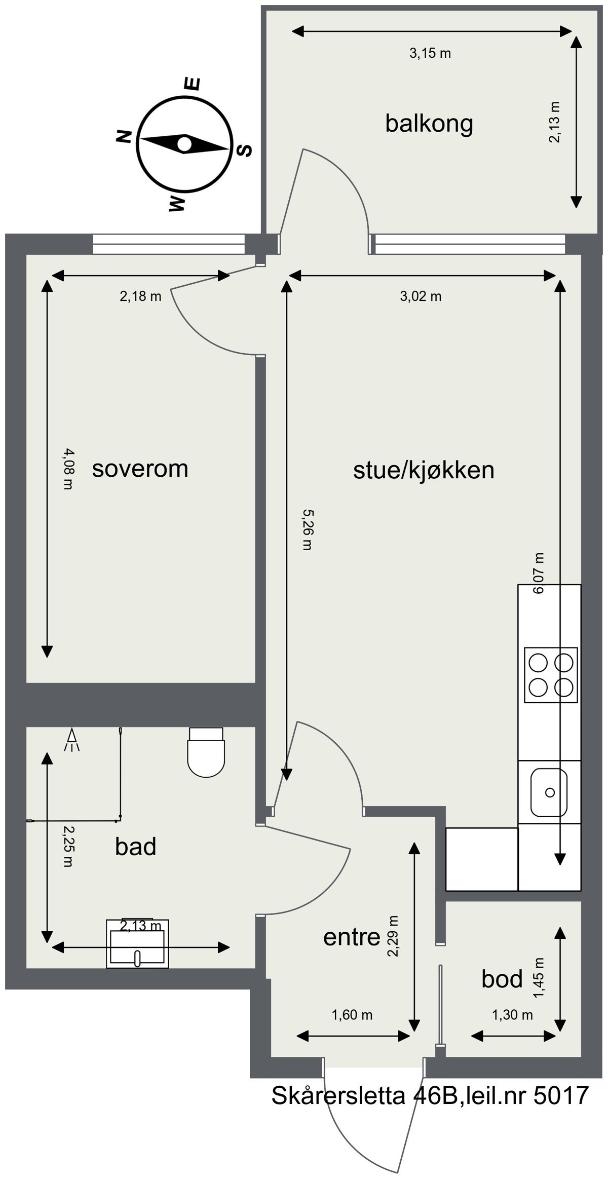 Innhold: Entré, bad, soverom, stue/kjøkken og bod. Galleribilde