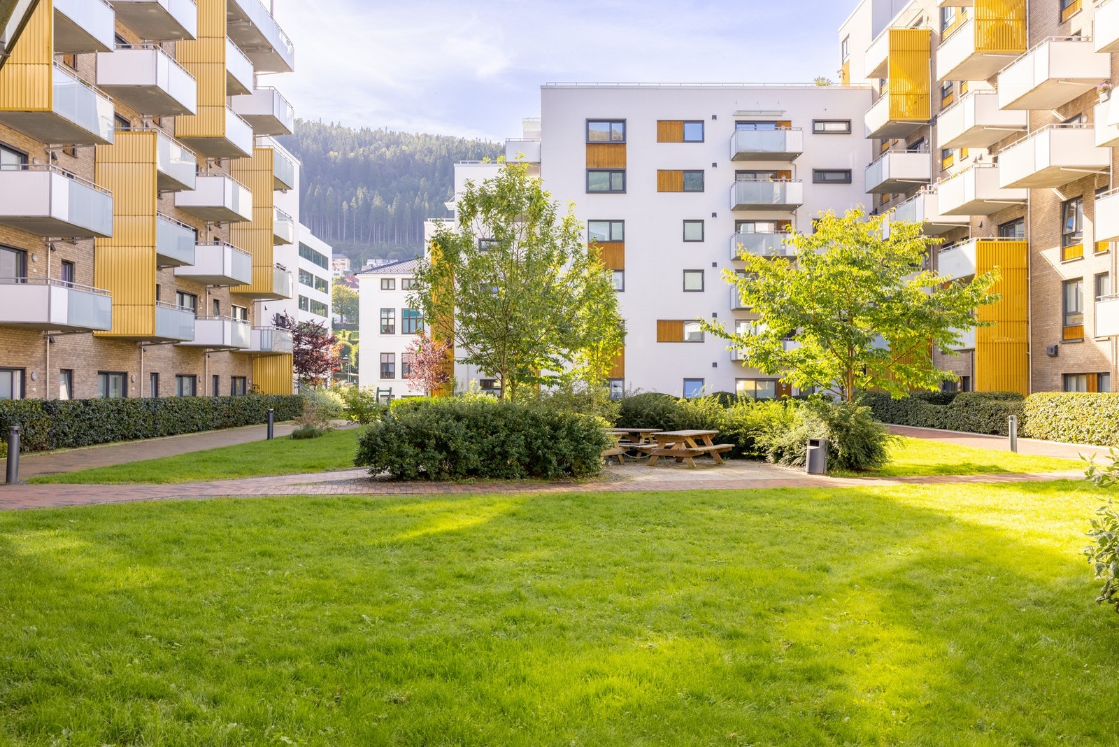 Mellom byggene er det opparbeidet et hyggelig grøntområde. Galleribilde