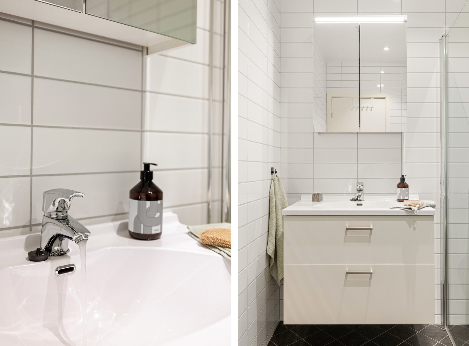 Det er innredet med vegghengt toalett, dusj med hengslede glassdører og baderomsinnredning med speil og belysning. Galleribilde