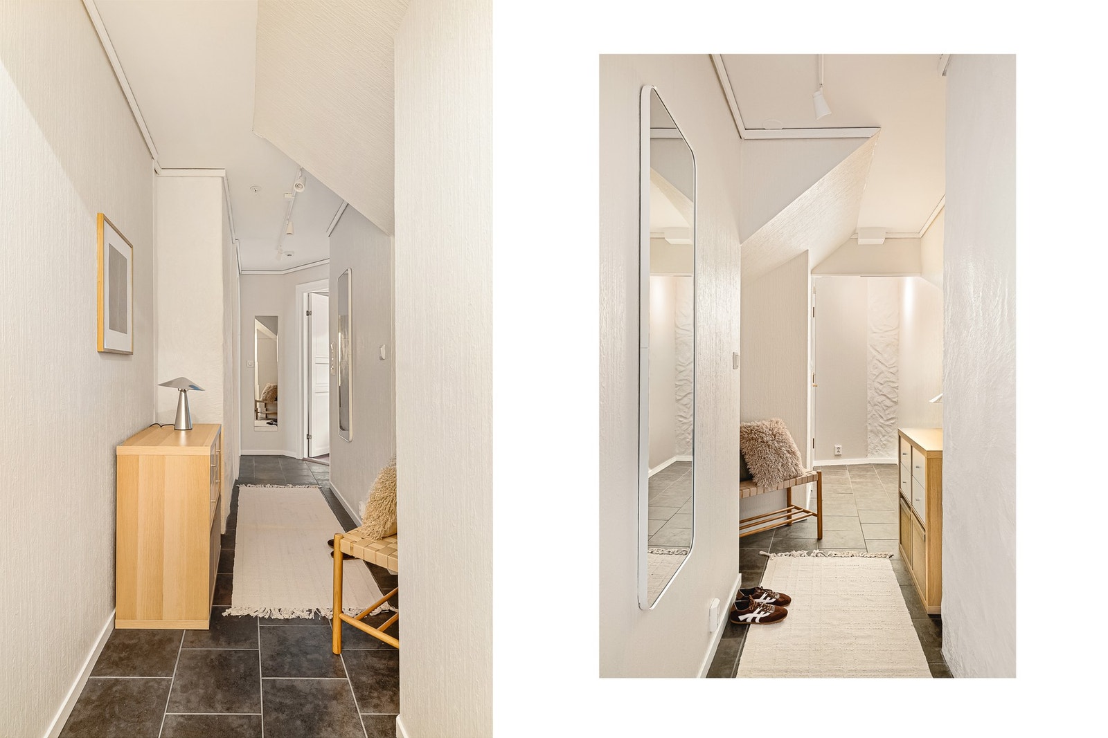 Entréen er avlang og funksjonell med flislagt gulv og gode oppbevaringsmuligheter for yttertøy og sko Galleribilde