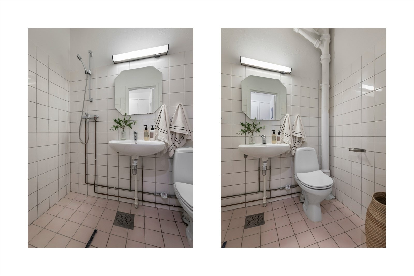 Ukjent alder, men eldre bad. Veggflater med flis og malte flater. Malt glatt himling. Flislagt gulv. Galleribilde