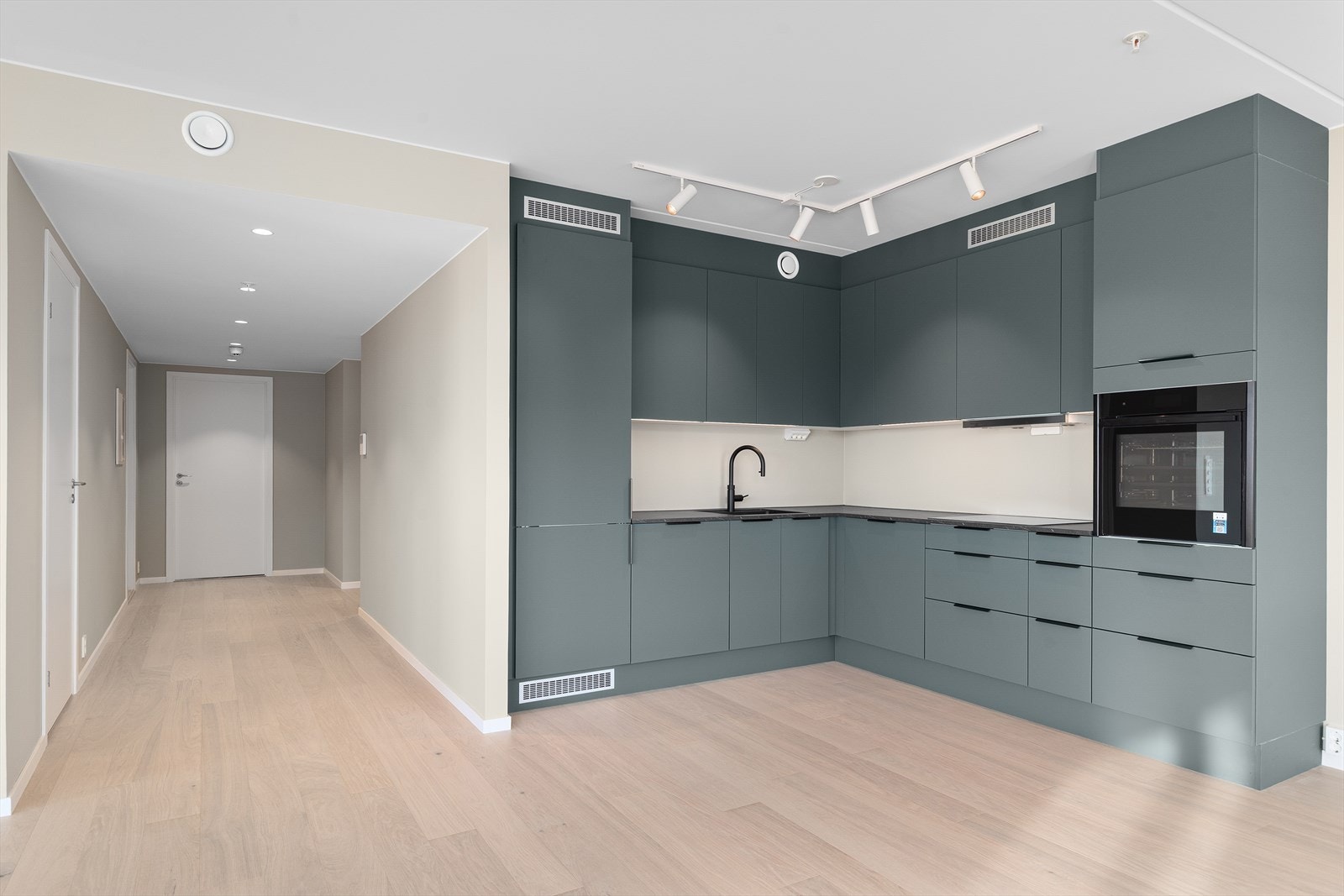 På kjøkkenet er det montert zip-skinne i himling og i gangen er det downlights. Galleribilde