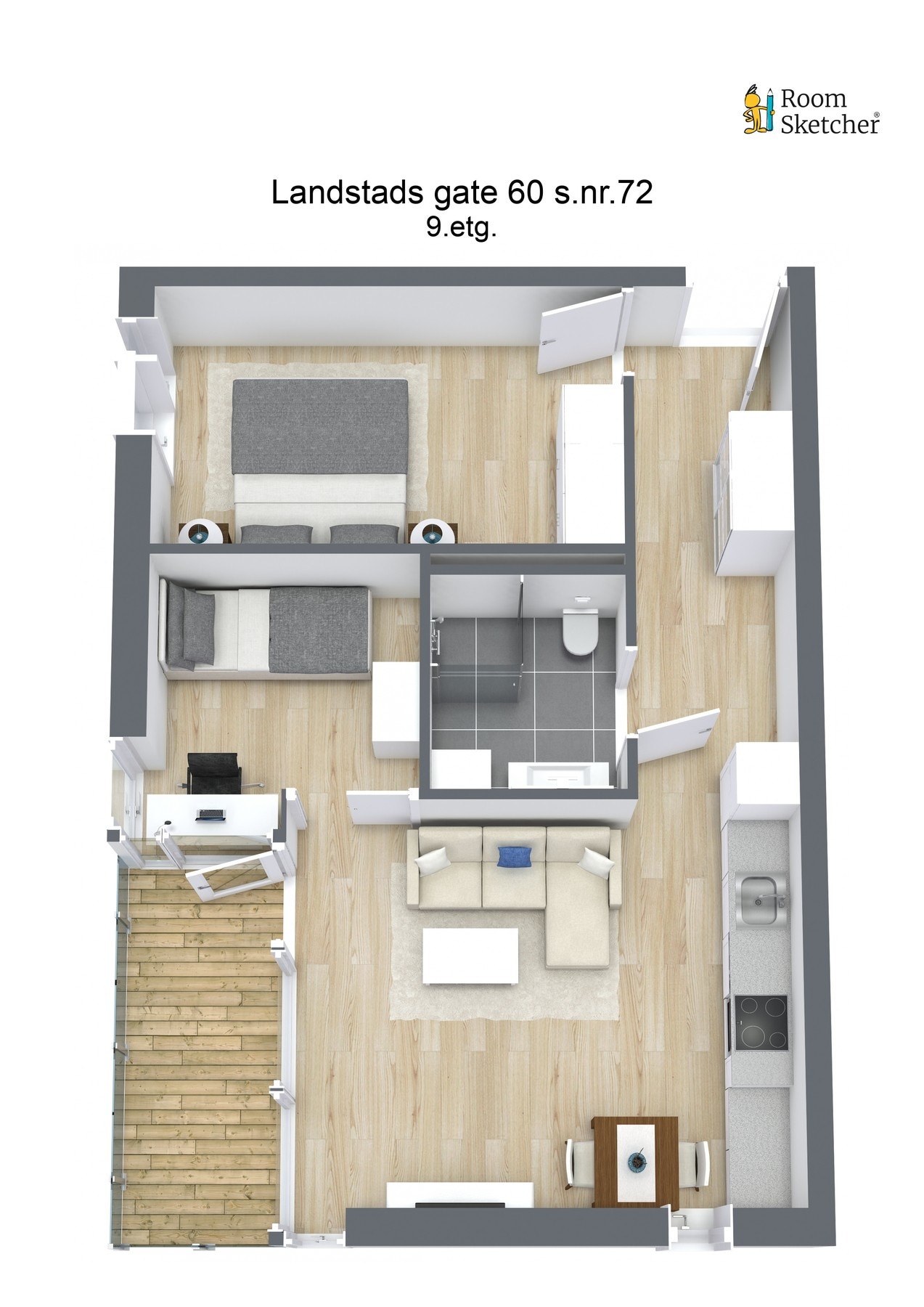 Planløsning: Åpen stue- og kjøkkenløsning med utgang til balkong, to soverom og bad Galleribilde
