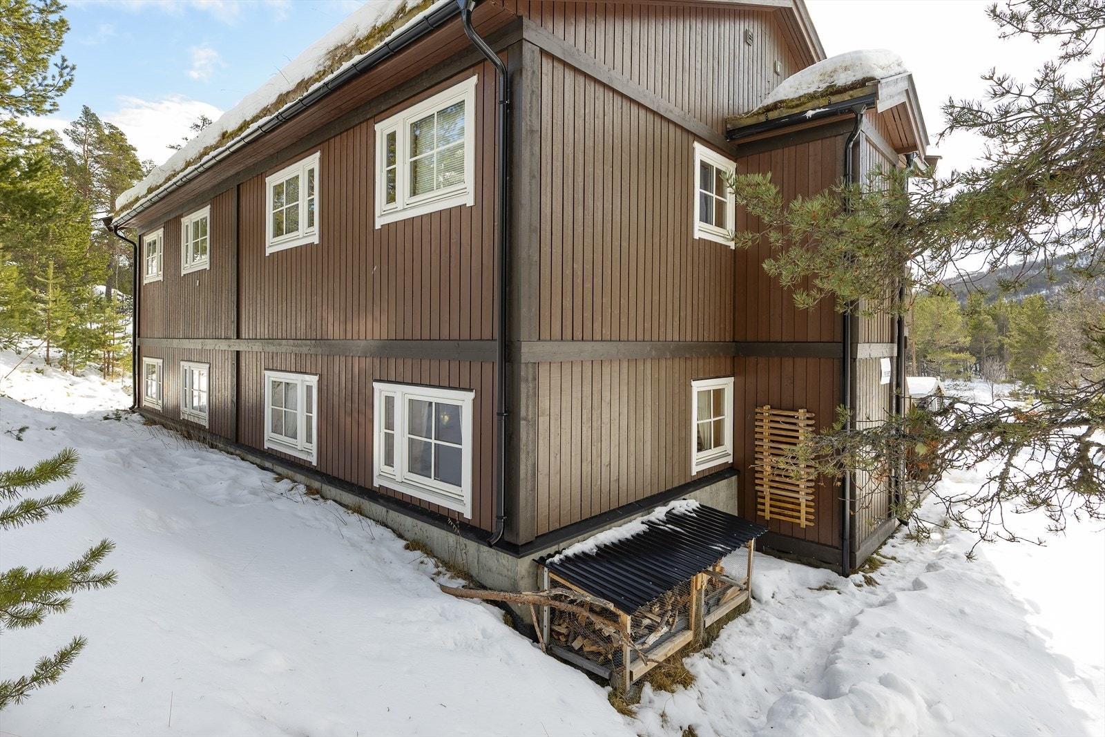 Det er praktisk lagringsplass for ved på utsiden av bygget. Galleribilde