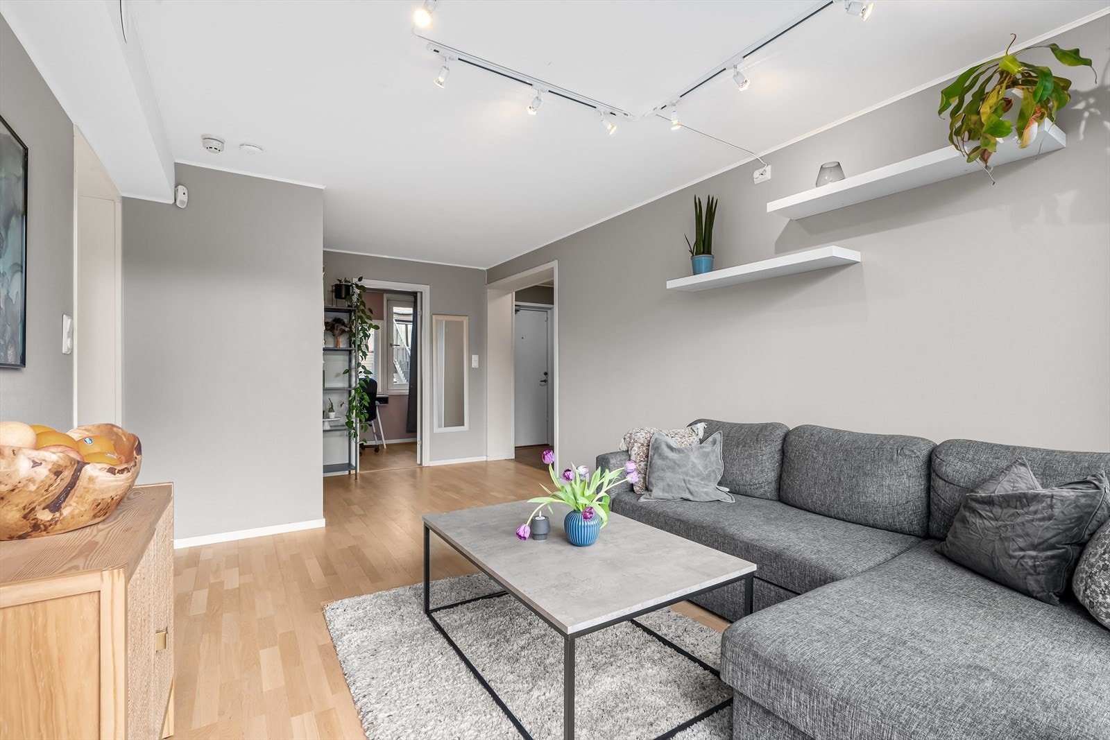 Stuen har en åpen løsning med tilknytning til entréen. Galleribilde