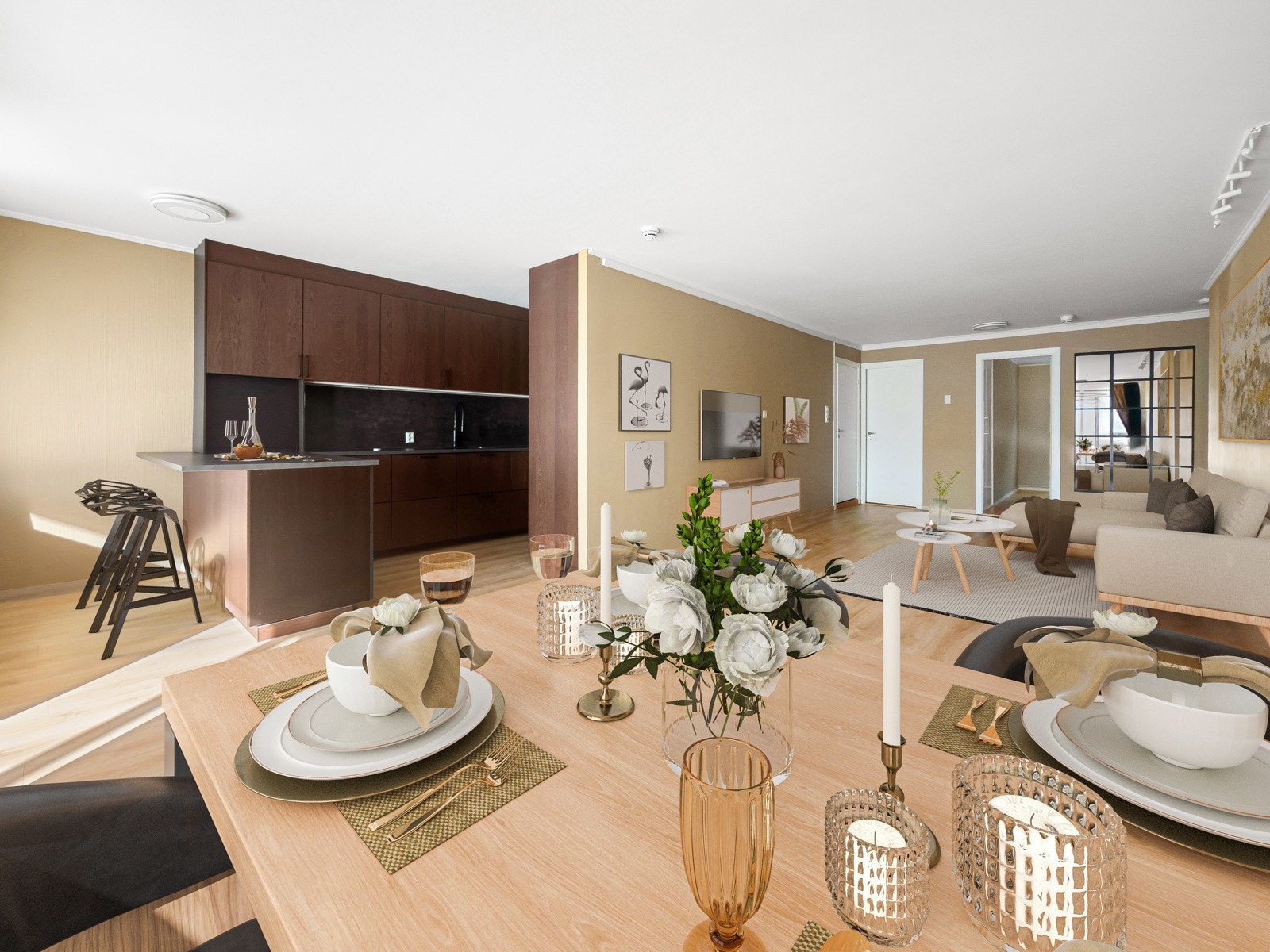 Stuen har god plass til både sofagruppe og spisebord. Galleribilde